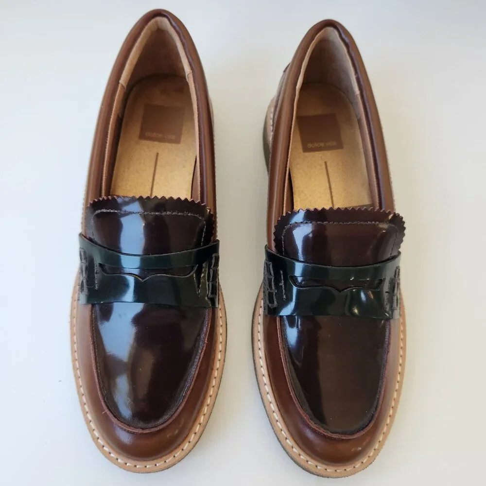 Dolce Vita Arabel Loafers Flat Brown Black Patent Leather Slip-On Shoes Preppy - Picture 2 of 11